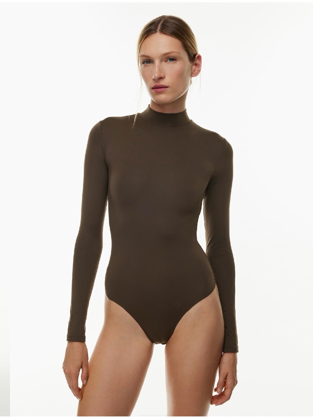 Aritzia Long-Sleeve Mock Neck Bodysuit in Dark brown
